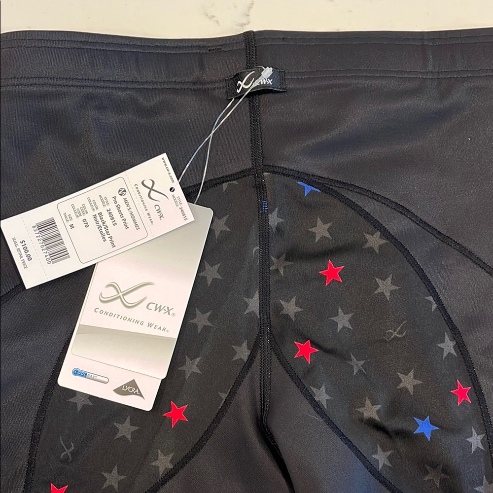 CW-X Men's Black Compression Shorts with Red & Blue Star Accents - Picture 7 of 10